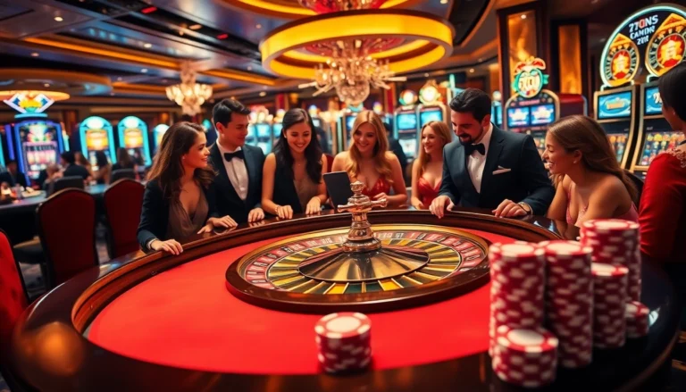 Players engaged in a thrilling game of roulette at 789f casino, surrounded by vibrant colors and lively atmosphere.