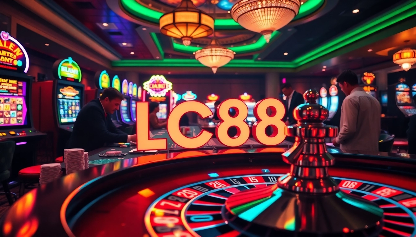 LC88 sign highlights thrilling high-stakes action at a bustling casino roulette table, showcasing vibrant gaming excitement.