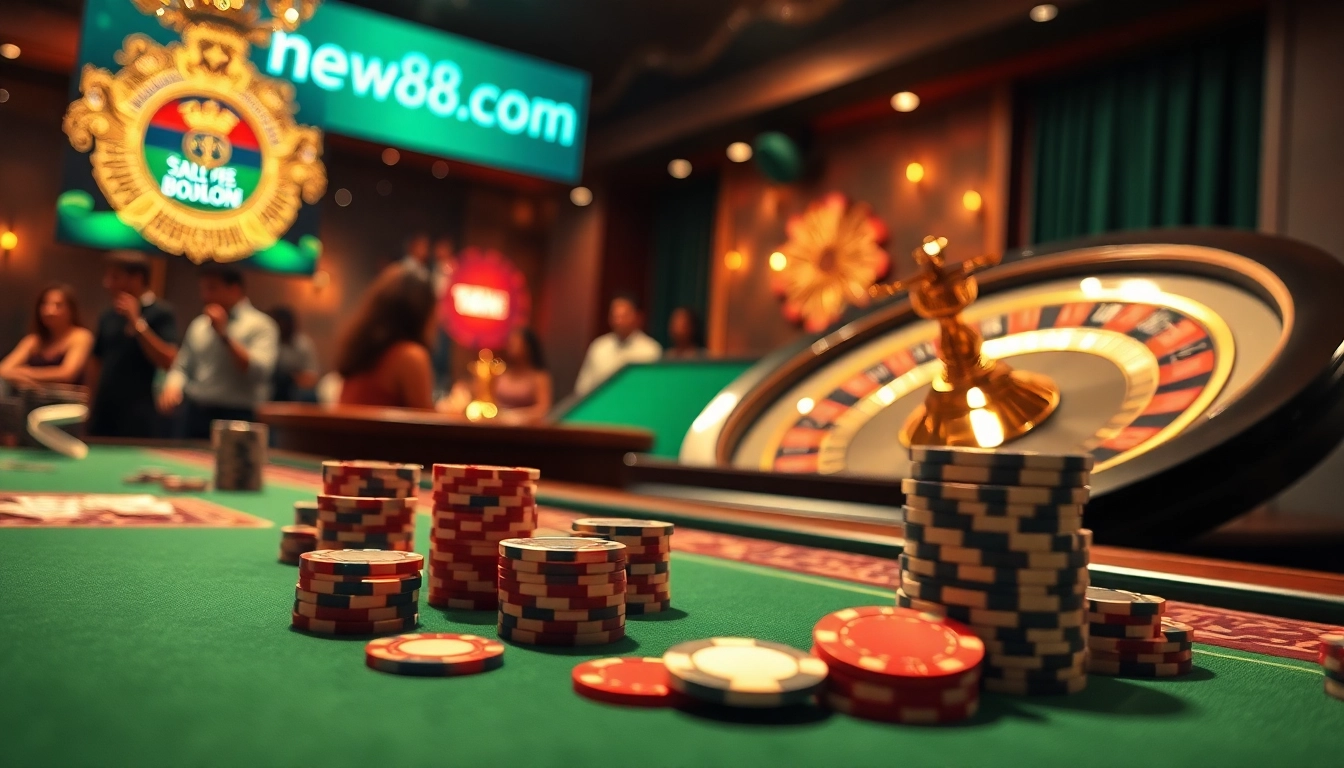 Experience thrilling gameplay at new88.com, featuring vibrant casino tables and excited players.