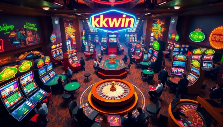 Kkwin thrilling casino scene of players at poker and slot machines.
