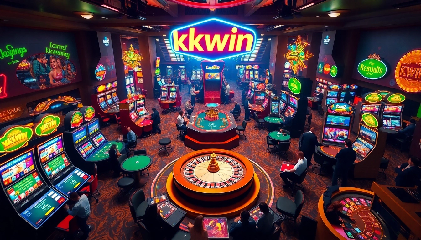 Kkwin thrilling casino scene of players at poker and slot machines.